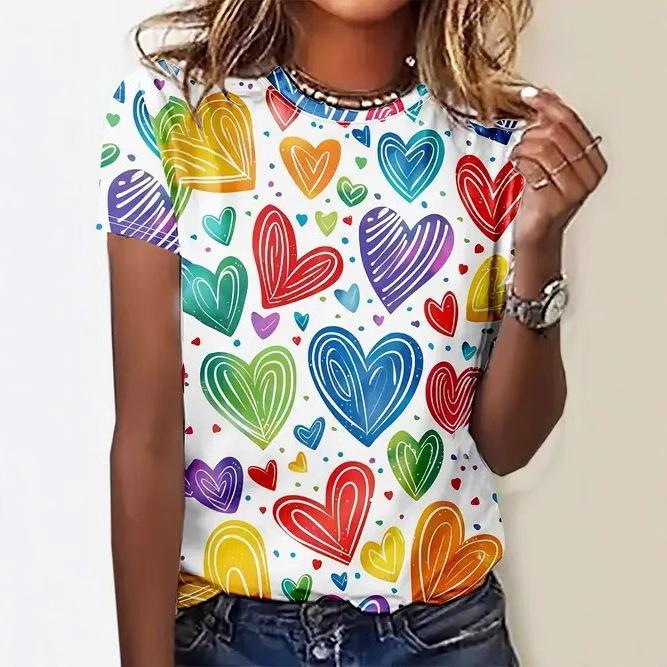 Summer Round Neck 3D Love Pattern Print Top Fashionable Casual Short Sleeved Women's T-shirts