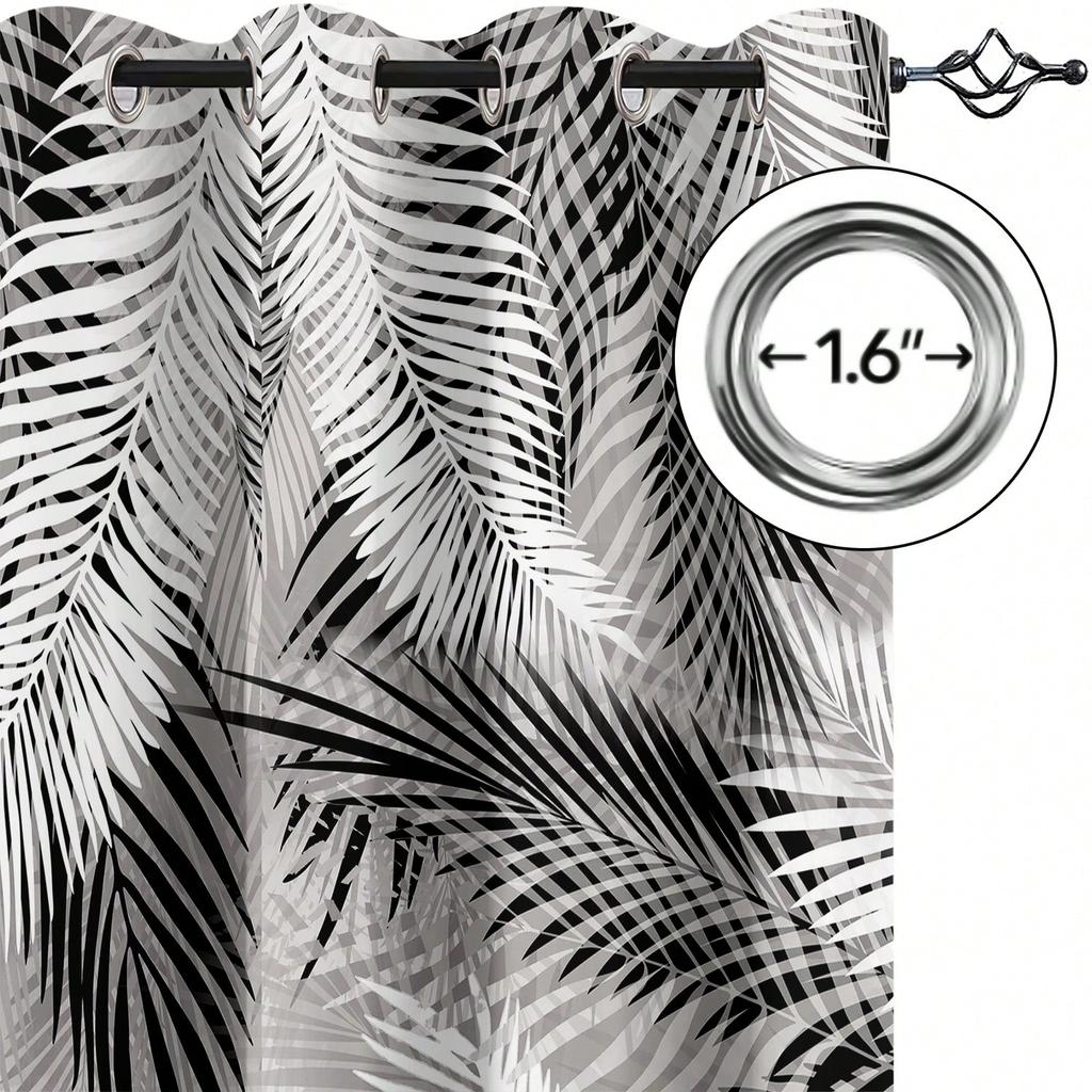 2 Pcs/Set! Modern Minimalist Style Living Room Curtains   Black And White Color With Fashionable Palm Leaf Digital Printing. Grom