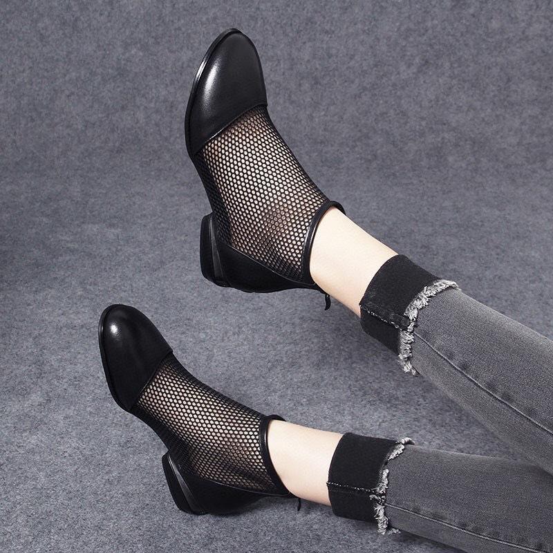 Summer new black first-layer cowhide mesh boots round head comfortable flat-soled women's shoes breathable mesh Roman cool boots