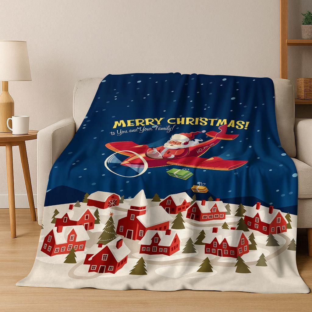 3D Merry Christmas Tree Santa Claus Cartoon Flannel Blanket Soft Warm Blanket for Bedroom Living Room Bed Camping Picnic Gift