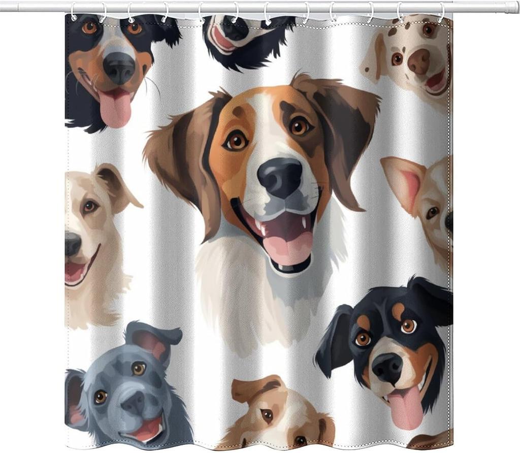 Cute Dog Children's Shower Curtain, Blue Background Children's Dog Theme Decorated Shower Curtain, Pet Lover Bathroom Decoration