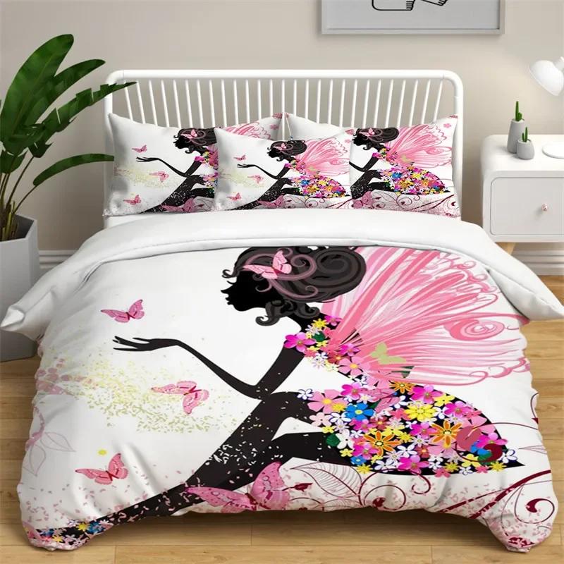 Girly Buterfly Soft Duvet Cover Lovely Pink Flower Fairy featuring Wings Beding Set Microfiber Romantic Warm Comforter Cover King Quen Sized Dimension