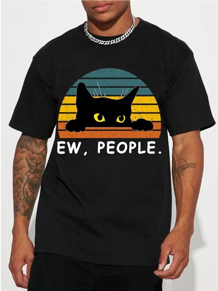 

Men039;s Casual Trendy Black Cat Print T-shirt Short Sleeve Crew Neck Hip Hop Styl Unisex T-Shirt S