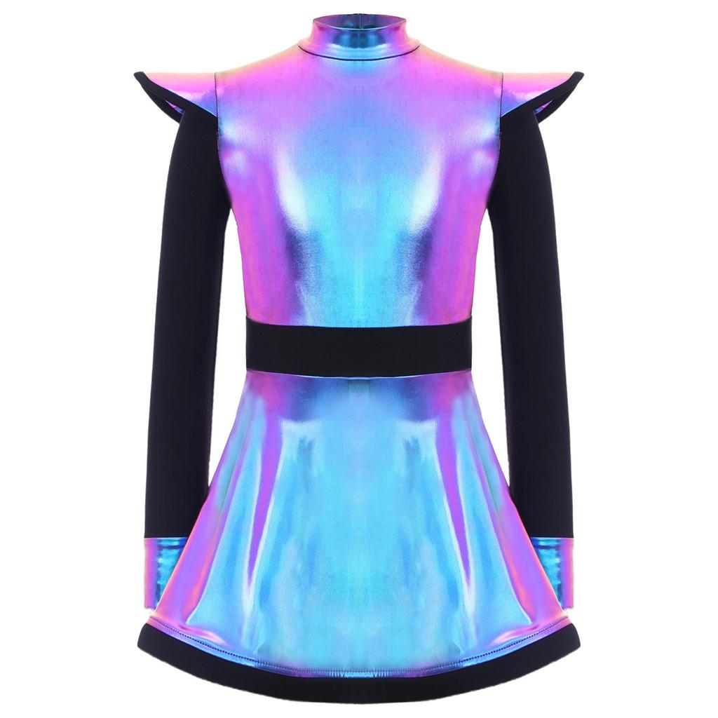 Kids Girls Alien Costume Patchwork Metallic Gloss Mock Neck Long Sleeve Back Zipper Built In Shorts Dress