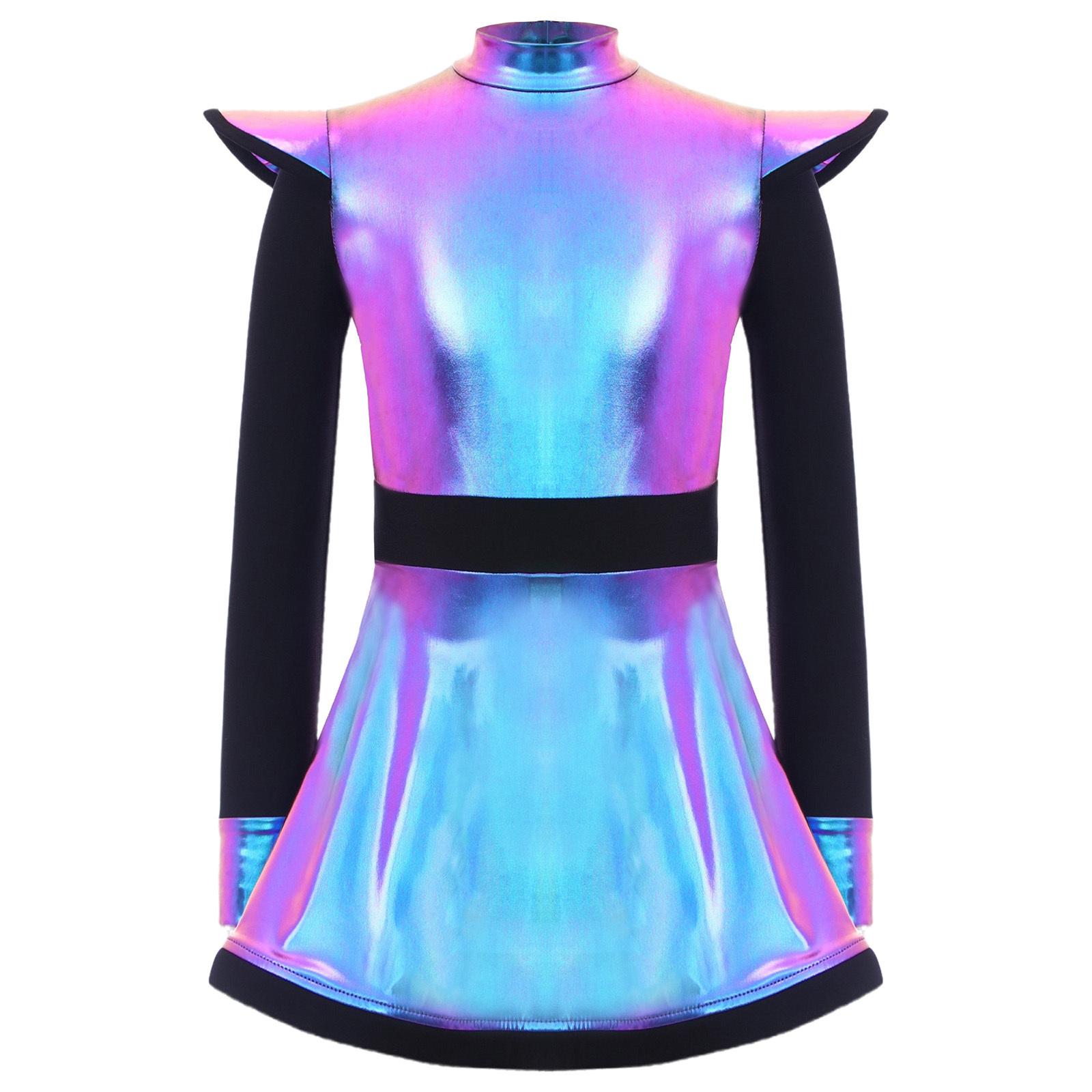 

Дитячий Костюм Інопланетянки Печворк Металік Глянець Водолазка Довгий Рукав Застібка-блискавка ззаду Вбудовані Шорти Сукня 5-6 Years