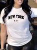 Women Lightweight New York Letter Print T-Shirt-Casual Round Neck Short Sleeve Tops, Plaid Spring Su
