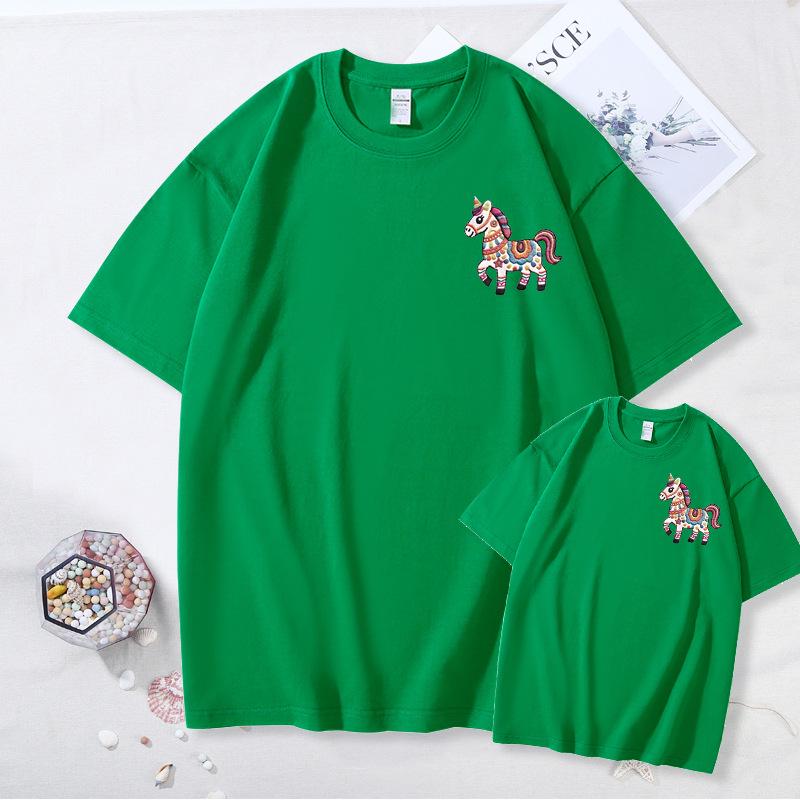 Year of the Horse Zodiac Family T-Shirt: Red Short Sleeve for Parent-Child, New Year Festive Portrait