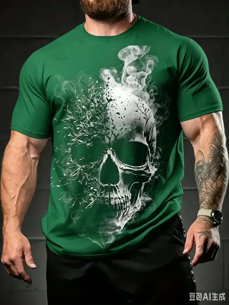 Street Style Koszulka z nadrukiem czaszki 3D Letnia Codzienna Spersonalizowana Hip Hop Okrągły dekolt Góra Męska Codzienna Moda Fitness Krótki rękaw Odzież męska