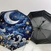 Elegant Celestial Night Sky Auto-Open Close Umbrella with Golden Stars, Clouds & Moon Design - Portable 3-Fold Iron Frame Outdoor Umbrella f