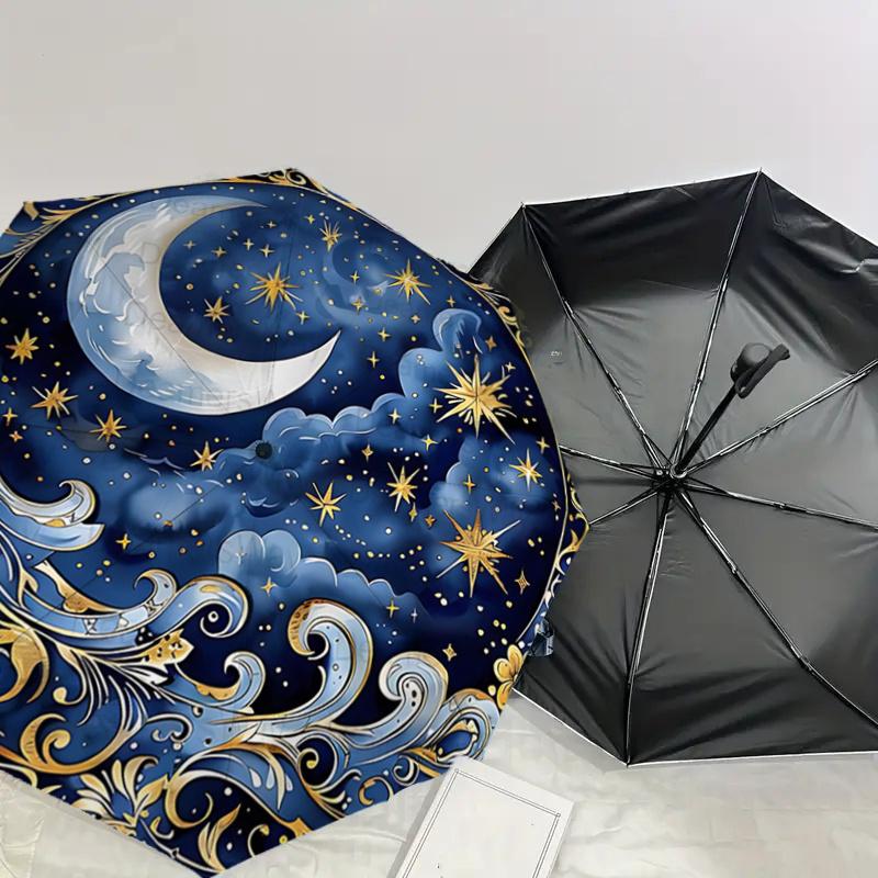 Elegant Celestial Night Sky Auto-Open Close Umbrella with Golden Stars, Clouds & Moon Design - Portable 3-Fold Iron Frame Outdoor Umbrella f