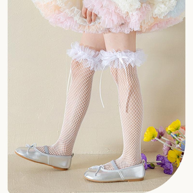Breathable Lace Sweet Socks for Kids Feature Lovely Bowknot Edges, Lovely Girls In Tube Socks for Summer Outfits