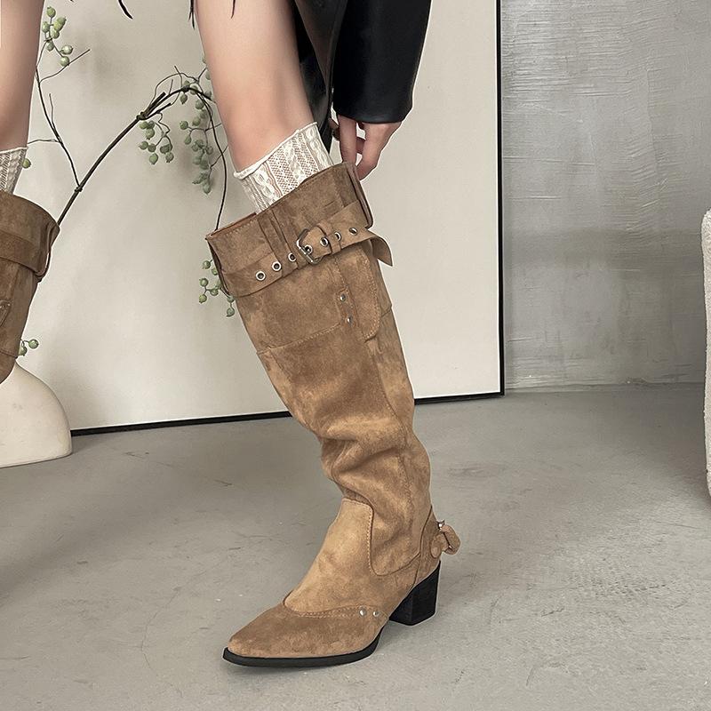 Western fashion boots for women in autumn and winter 2026  zipper pointed long boots  stacked boots for women