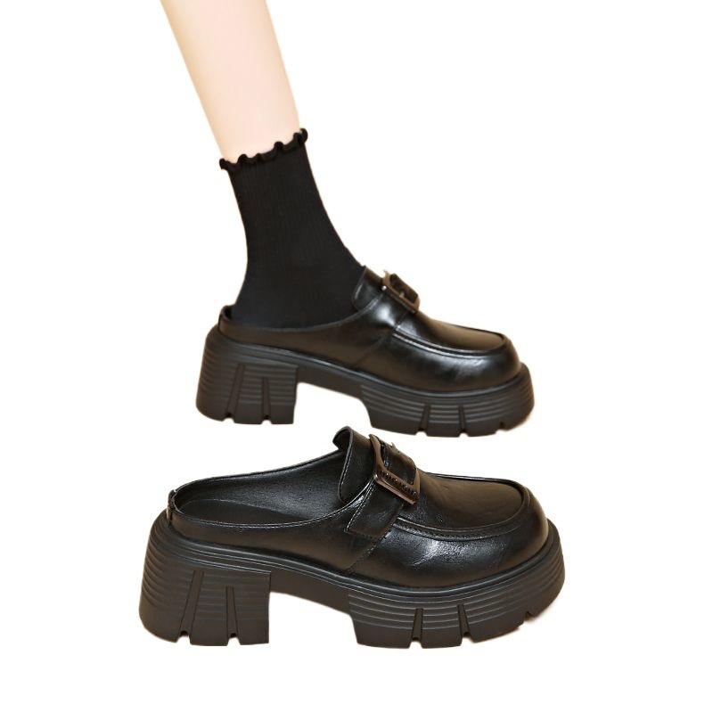 Half slippers, women's British-style retro leather shoes, muffins, thick-soled slippers, buckle straps, 2025 spring/summer sandals trend