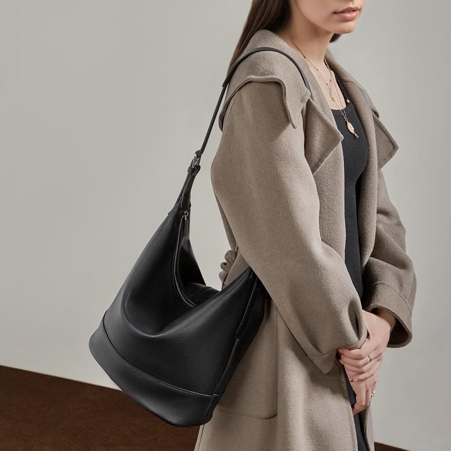 Genuine Leather Large-Capacity Work Commuter Bag Light Luxury High-End Feeling First Layer Cowhide Versatile Oblique Span Bucket Bag