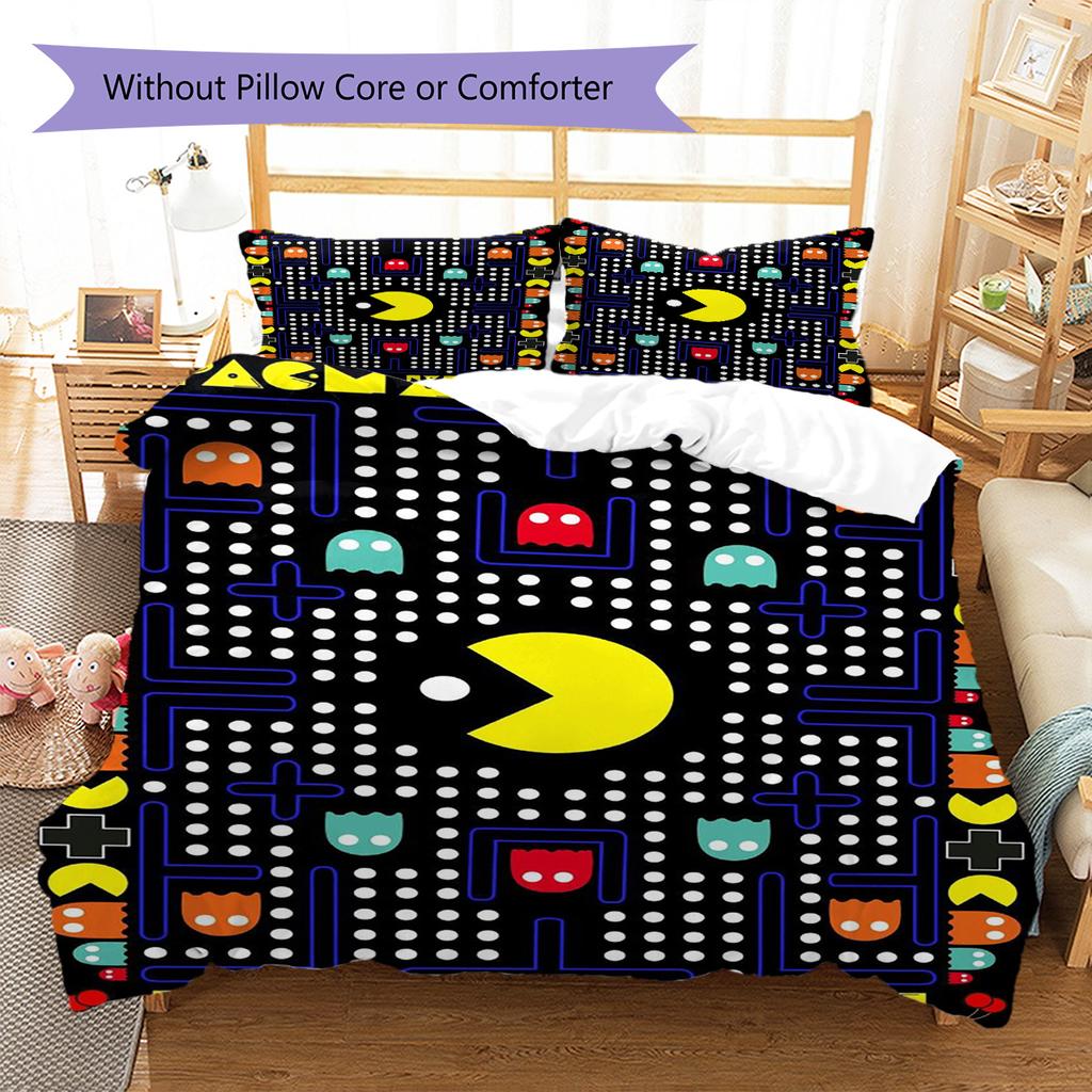 Pościel z wzorem Pac-Man, Zestaw kołdry Poszewka na kołdrę Poszewka na poduszkę Domowy prezent urodzinowy (1 * poszwa na kołdrę + 2 * poszewki na poduszki, bez rdzenia)