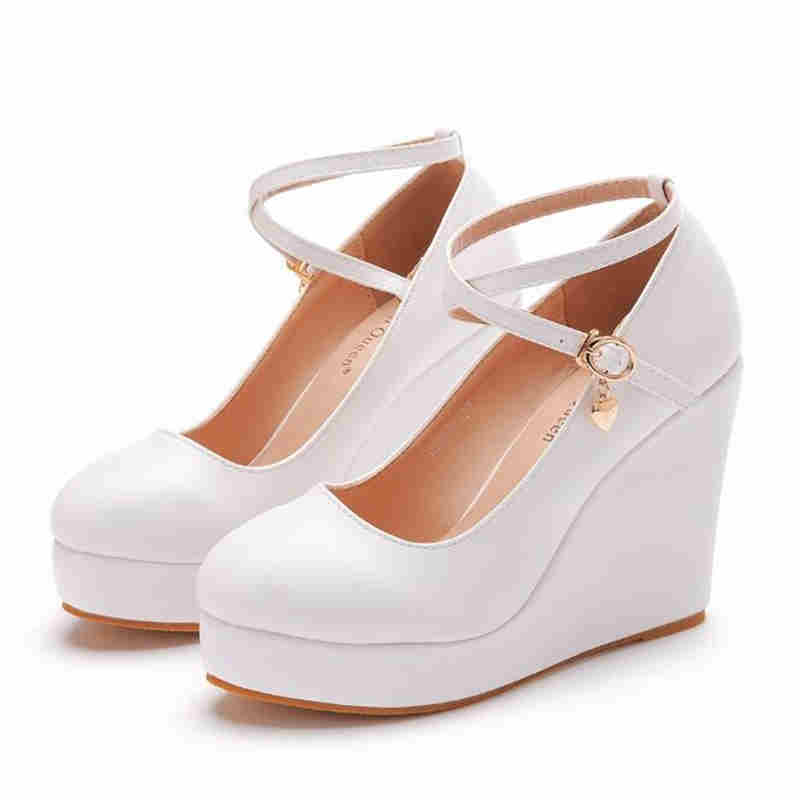 Fashion Ankle Strap Platform Wedges Women High Heel Shoes Woman White Party Wedding Shoes Mary Janes Women's Pumps 33-43