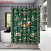 4pcs Christmas Green Forest Santa Claus Printed Bathroom Set 1pc Waterproof Shower Curtain Floor Mat Toilet Lid and U-shaped Pad