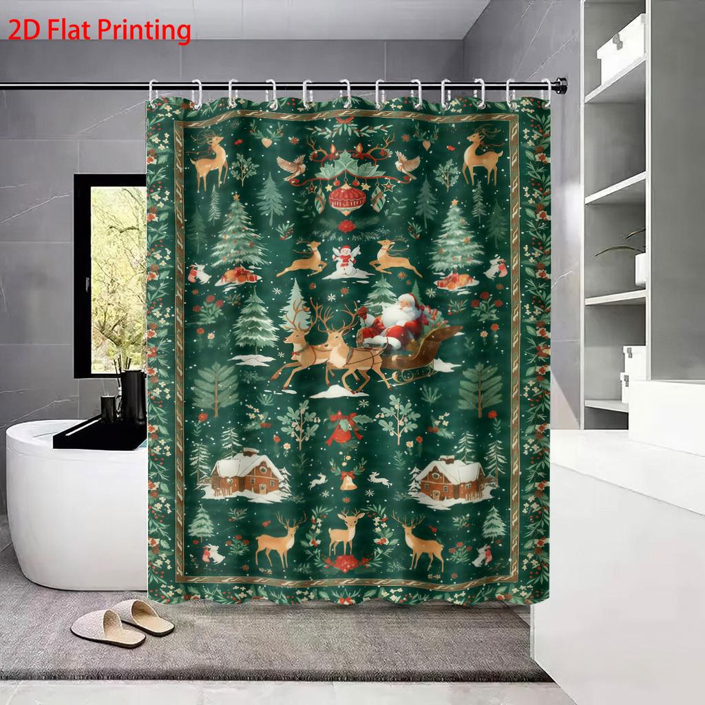 4pcs Christmas Green Forest Santa Claus Printed Bathroom Set 1pc Waterproof Shower Curtain Floor Mat Toilet Lid and U-shaped Pad