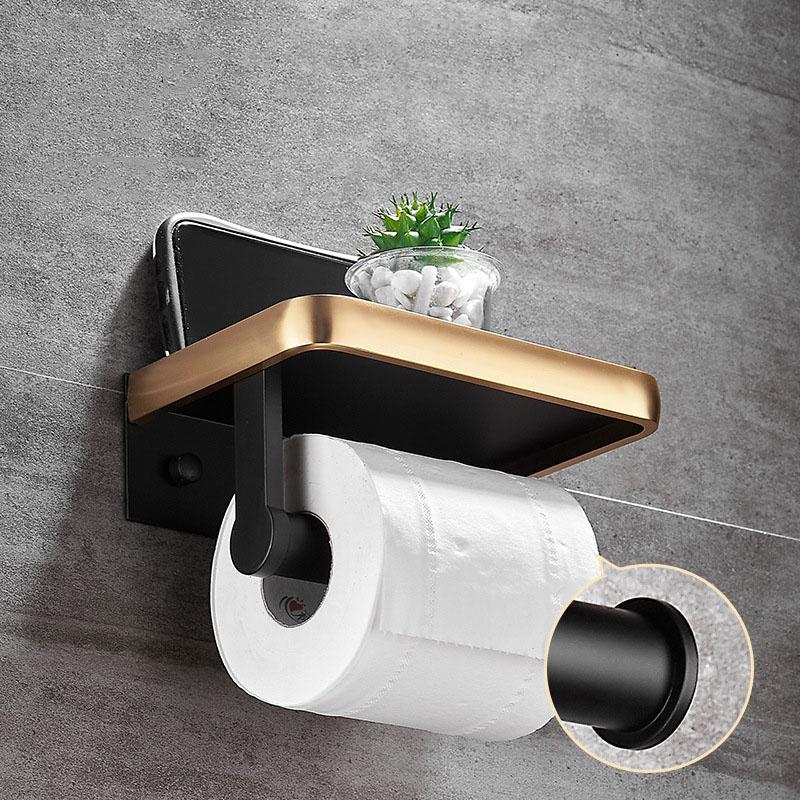 Black/White Aluminum Bathroom Paper Towel Holder Black Gold Toilet Roll Holder Mobile Phone Holder Toilet Paper Storage Rack