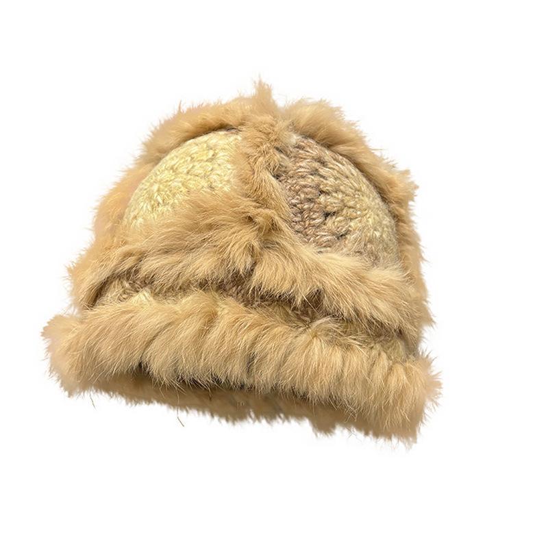 Real Rabbit Fur Hat Female Winter Warm Hairy Lion Hat Versatile Face Small Knitted Wool Hat Plush Cold Hat