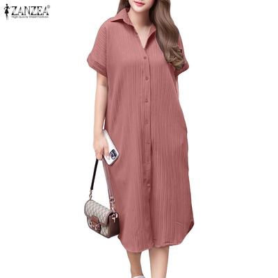Damen Casual Turn Down Kragen Sommer Kurzarm Shirt Kleid