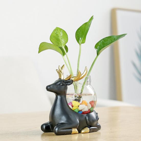 Tierfigur mit Vase, Teetisch, Mini-Blumenvase, Keramik, Hirsch und Katze mit Hydrokultur-Pflanzgefäß aus Glas für Zuhause, Schlafzimmer, Wohnzimmer, Dekoration