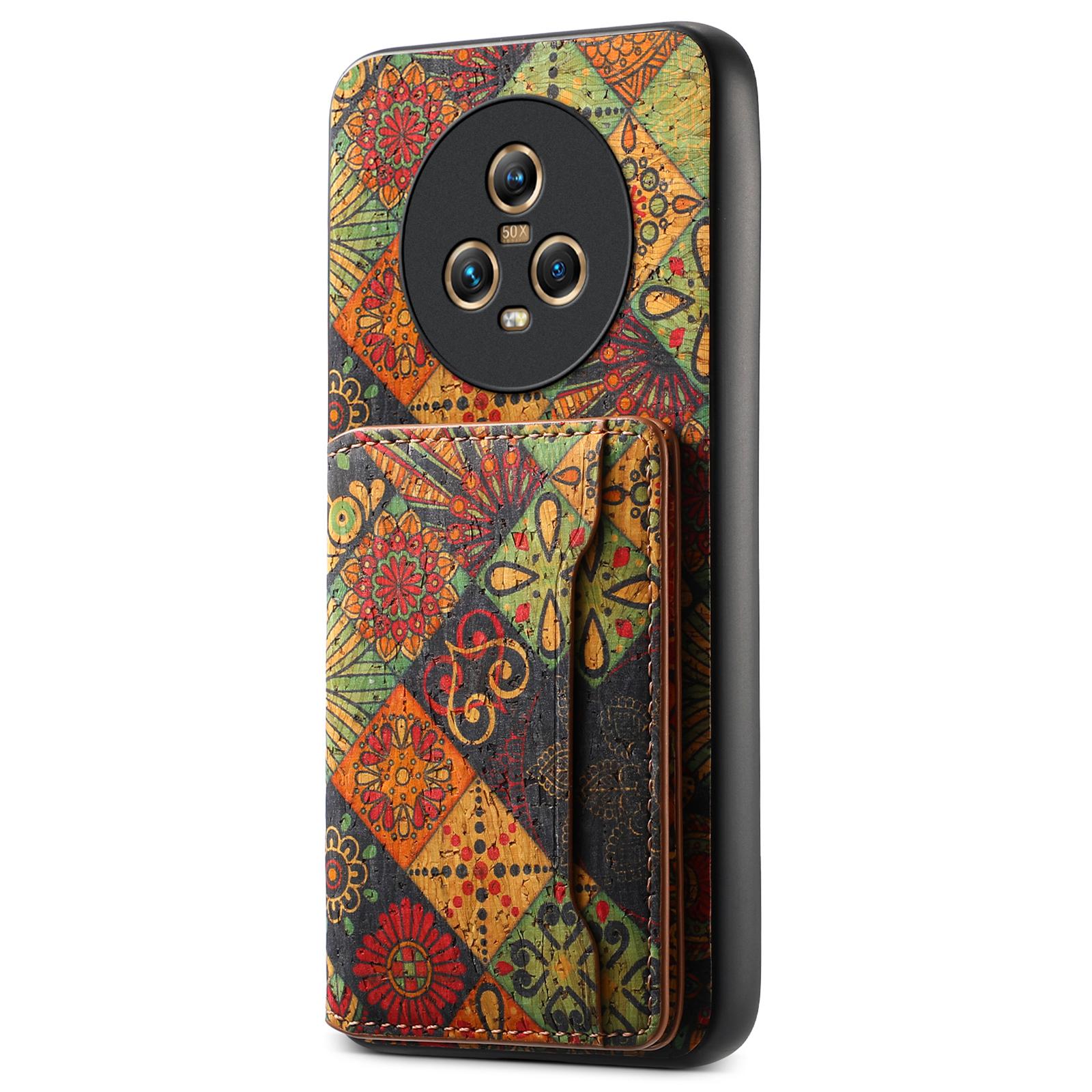 

For Honor Magic5 Phone Case Floral Pattern Card Slot PU+TPU+PC Kickstand Cover Autumn/Yellow