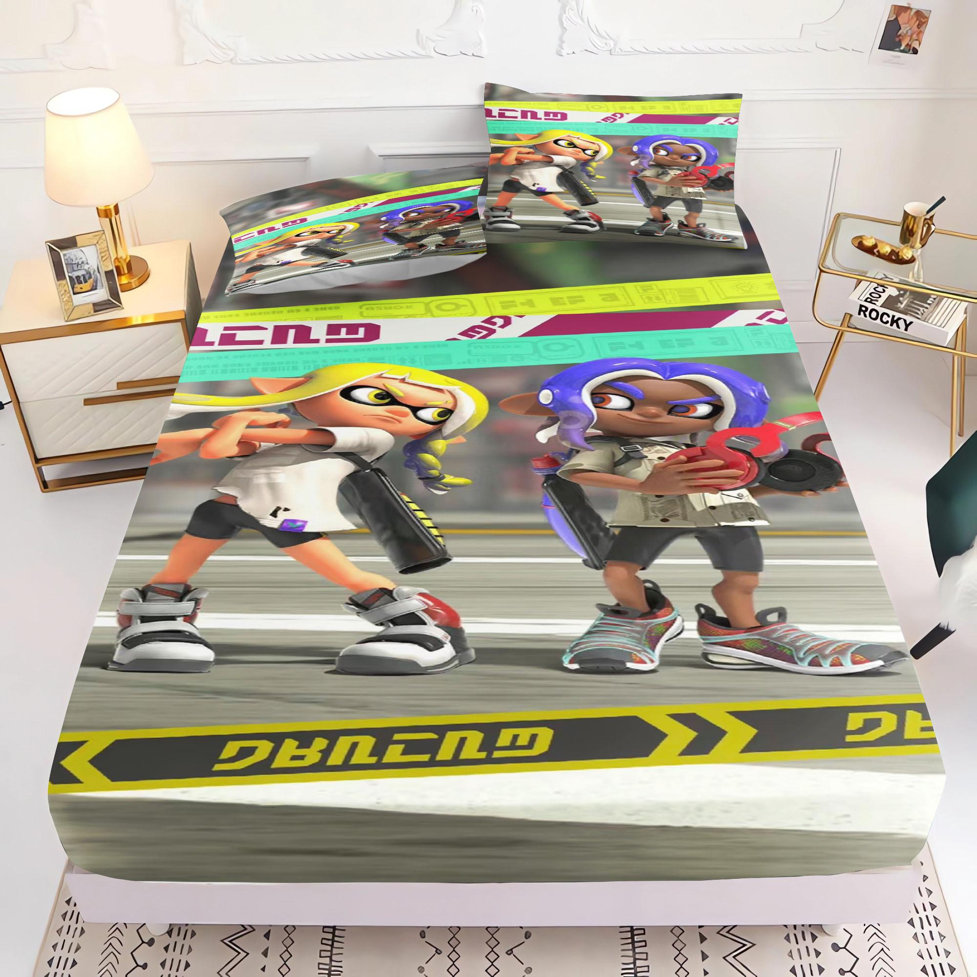 

Игра, Splatoon, Печатный домашний комплект из 2/3 предметов, 1 простыня на резинке, универсальный, подходит для детей и взрослых, полный комплект постельного белья 90x190x25cm