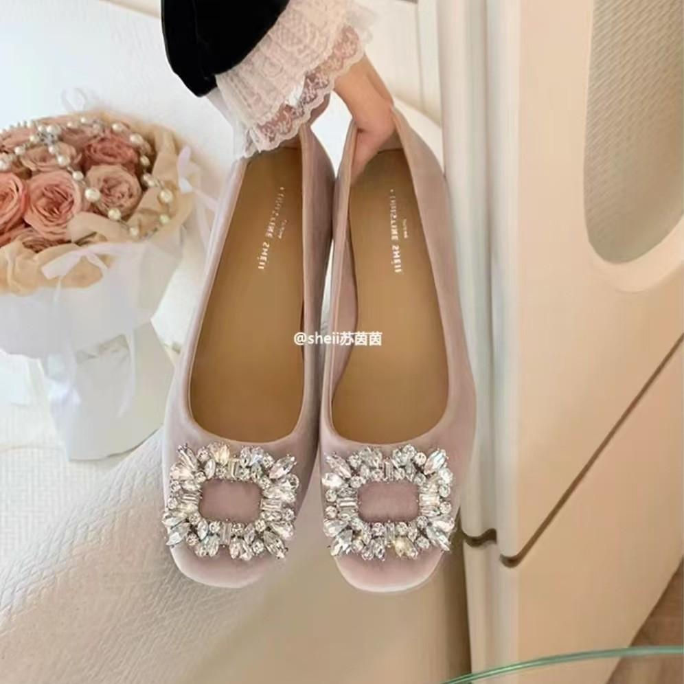 Cowhide Version~ Square Head Rhinestone Single Shoes Women's Shallow Mouth Square Head Flat Bottom Dinner Commute
