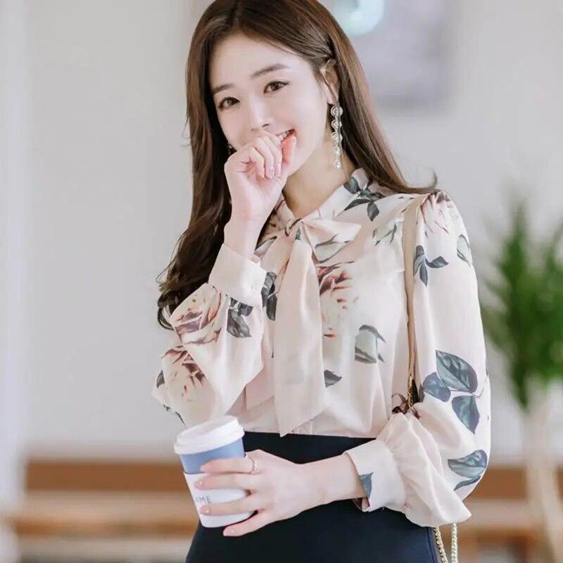 Women's Long Sleeved Bottoming Shirt Spring Autumn New Scarf Collar Tie Up Print Chiffon Top S-5XL