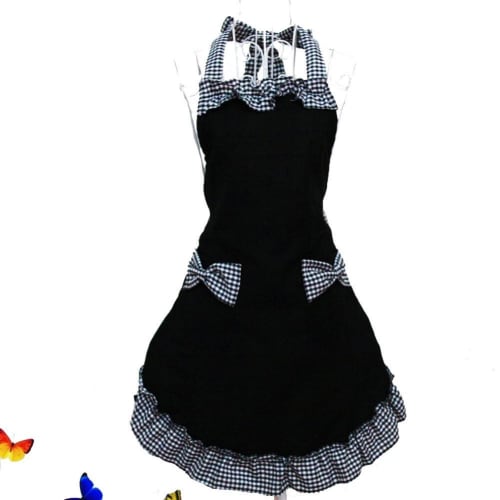 (Four Seasons) Frill Ribbon Apron with Holder Neck (Black x Black, One Size Fits All)