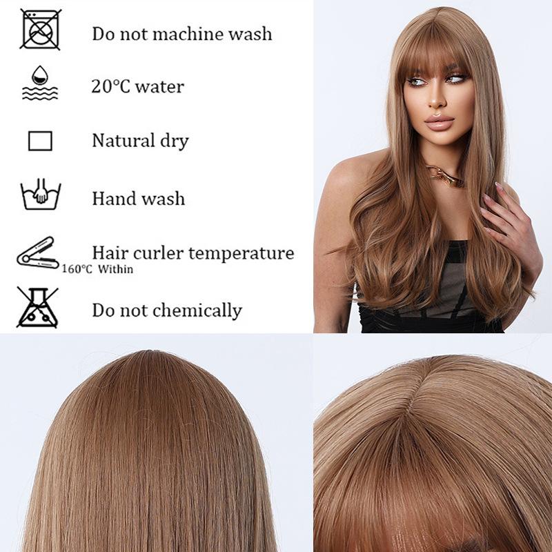 European and American Fashion Big Wave Long Curly Wig, Light Golden Brown Daily Air Bangs Natural High-Temperature Fiber Hairpiece