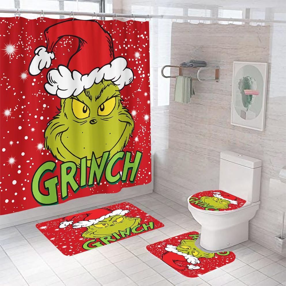 Bathroom Shower Curtain Four-Piece Green Hair Monster Christmas Green Waterproof Shower Curtain Toilet Partition Curtain Bath Mat