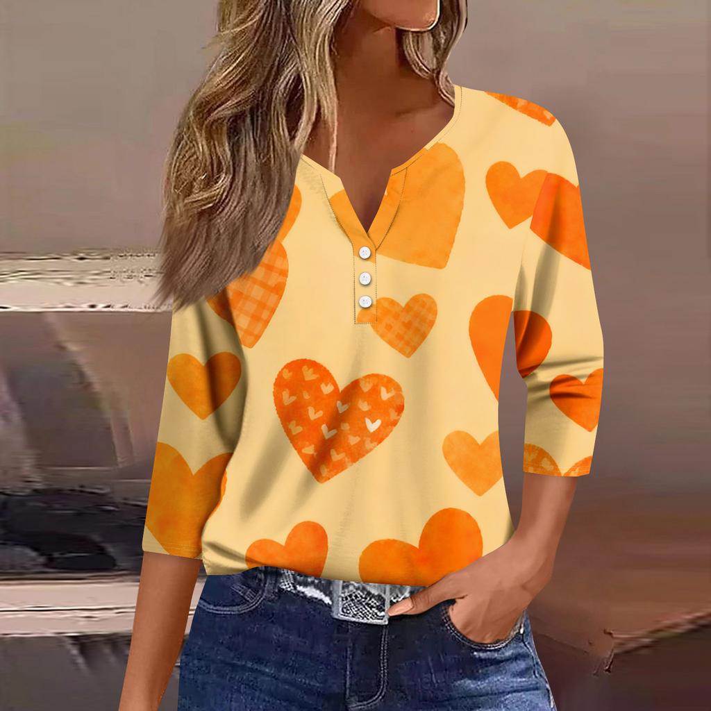 Women's Fashion Button-Up V-Neck Three-Quarter Sleeve Valentine's Day Print Top