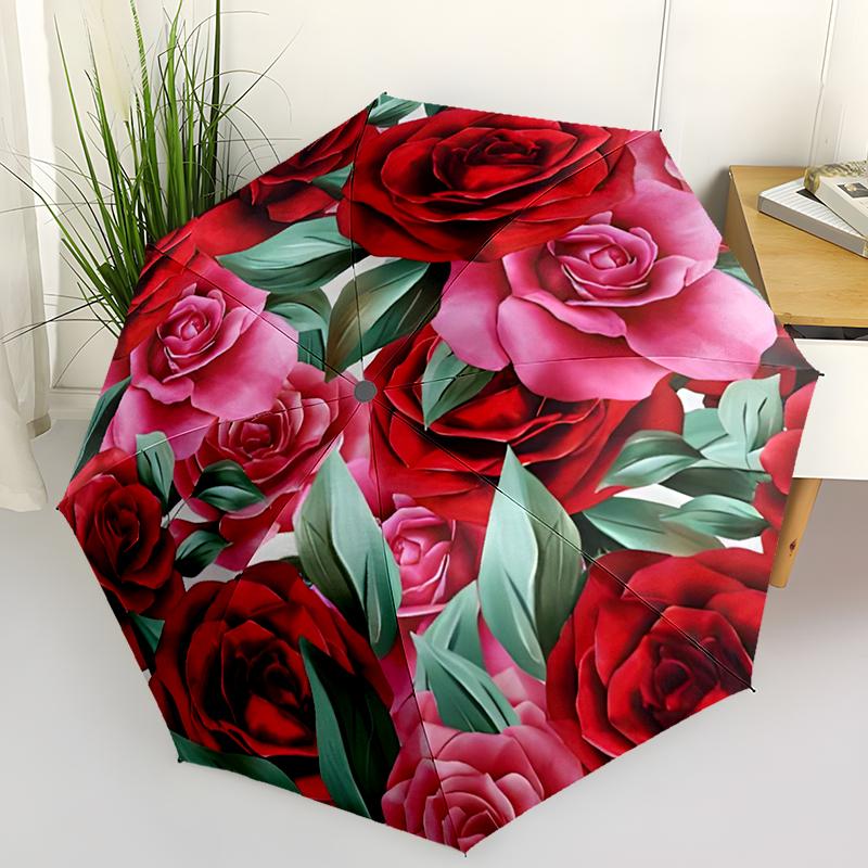Rose Bright Flowers Automatic Umbrella, Compact Design with 8 Ribs,  Outdoor Leisure and Daily Use-ideal Gift