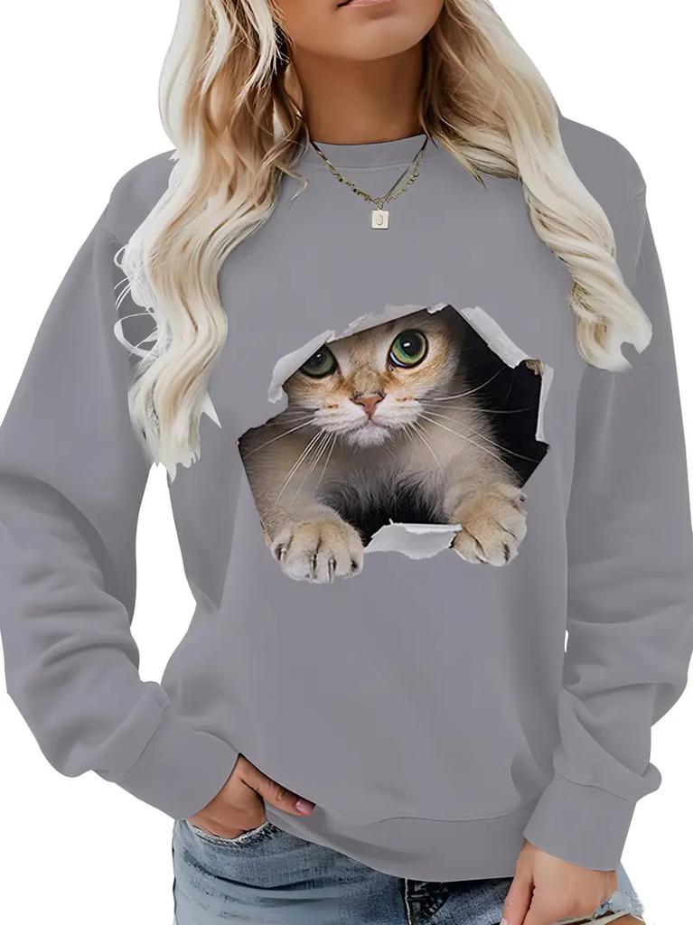 Vintage Fall Women Sweat Shirts 3D Funny Cat Print Unisex Women Top Casual Tee Y2k Long Sleeve Streetwear Unisex Pullover