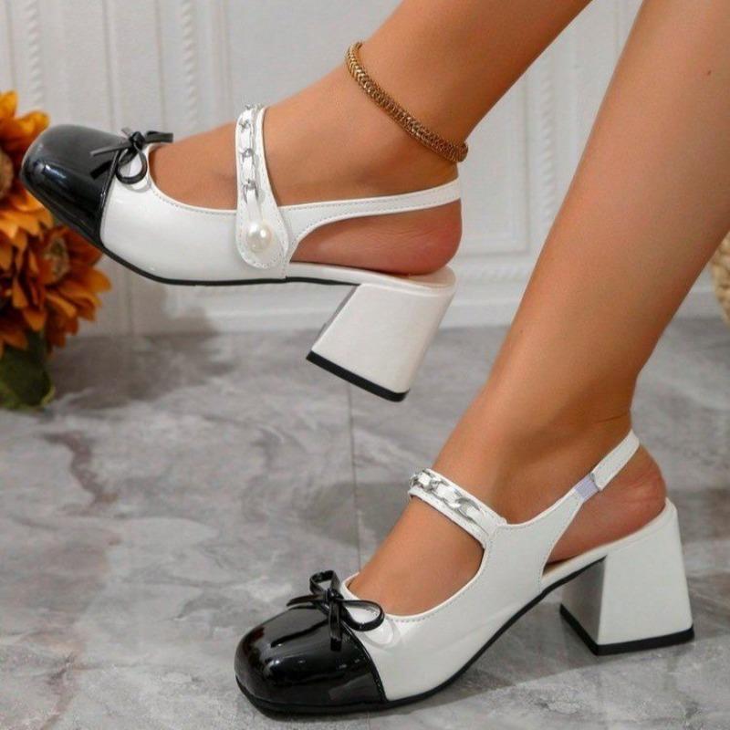 Mary Jane High Heels Women 2025 New Summer Round Toe Light Mouth Colorblock Metal Chain Slip Strap Square Heel Sandals