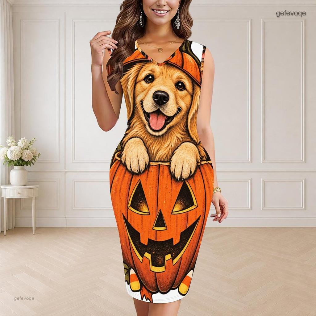 Women Plus Size V Neck Sleeveless Halloween Raccoon Print Bodycon Midi Dress