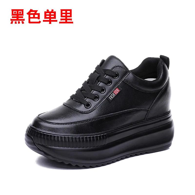 Platform Wedge Female Women 8CM Heels Sneakers Chunky Spring Autumn Shoe Women’s Genuine Leather Casual Black Shoes