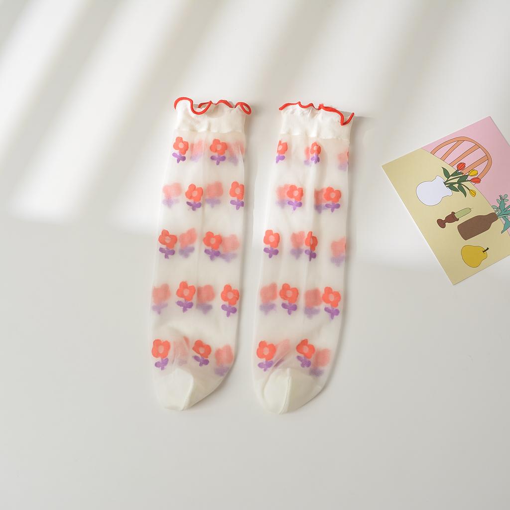 Girls Strawberry Embroidered Lace Over Knee High Socks Thin Transparent Floral Princess Kids Long Stockings