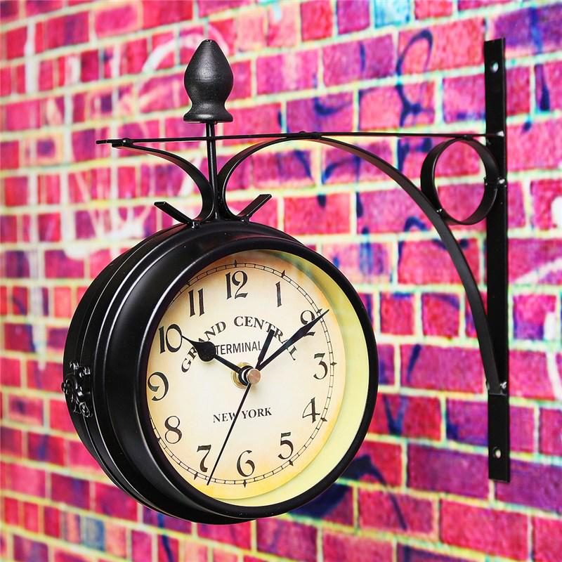 Double Sided Round Wall Mount Station Clock Garden Vintage Retro Home Decor Metal Frame + Glass Dial Cover for Christmas Gift