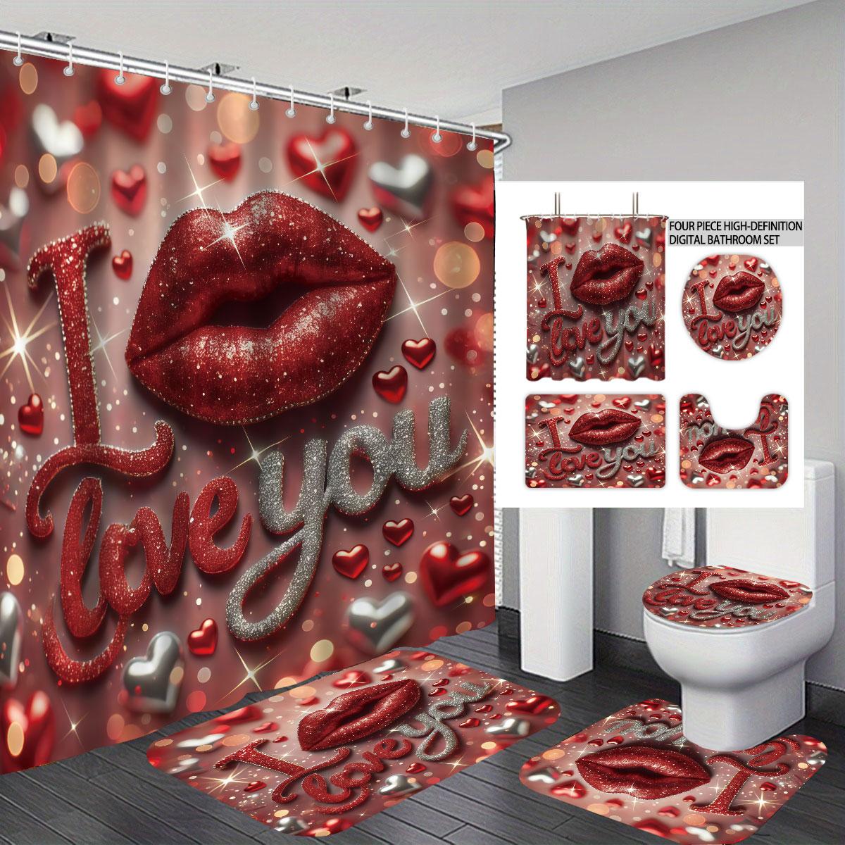 

4pcs Valentine s Day Romantic Love Red Lips Printed Bathroom Set 180x180 Waterproof Shower Curtain Floor Mat U-shaped Toilet Mat Regular