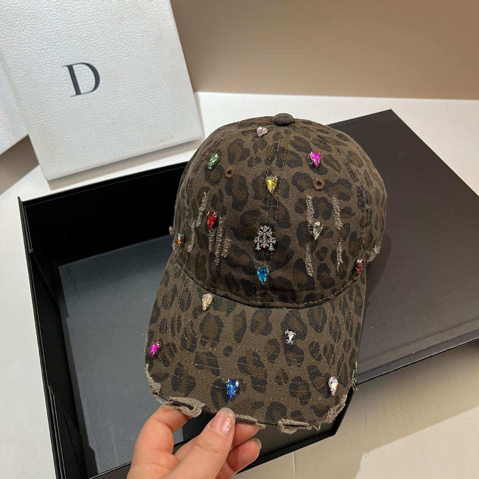 Youth Personality Publicity Leopard Print Ripped Baseball Cap Heavy Industry Rhinestone Cross Cap Women adjustable