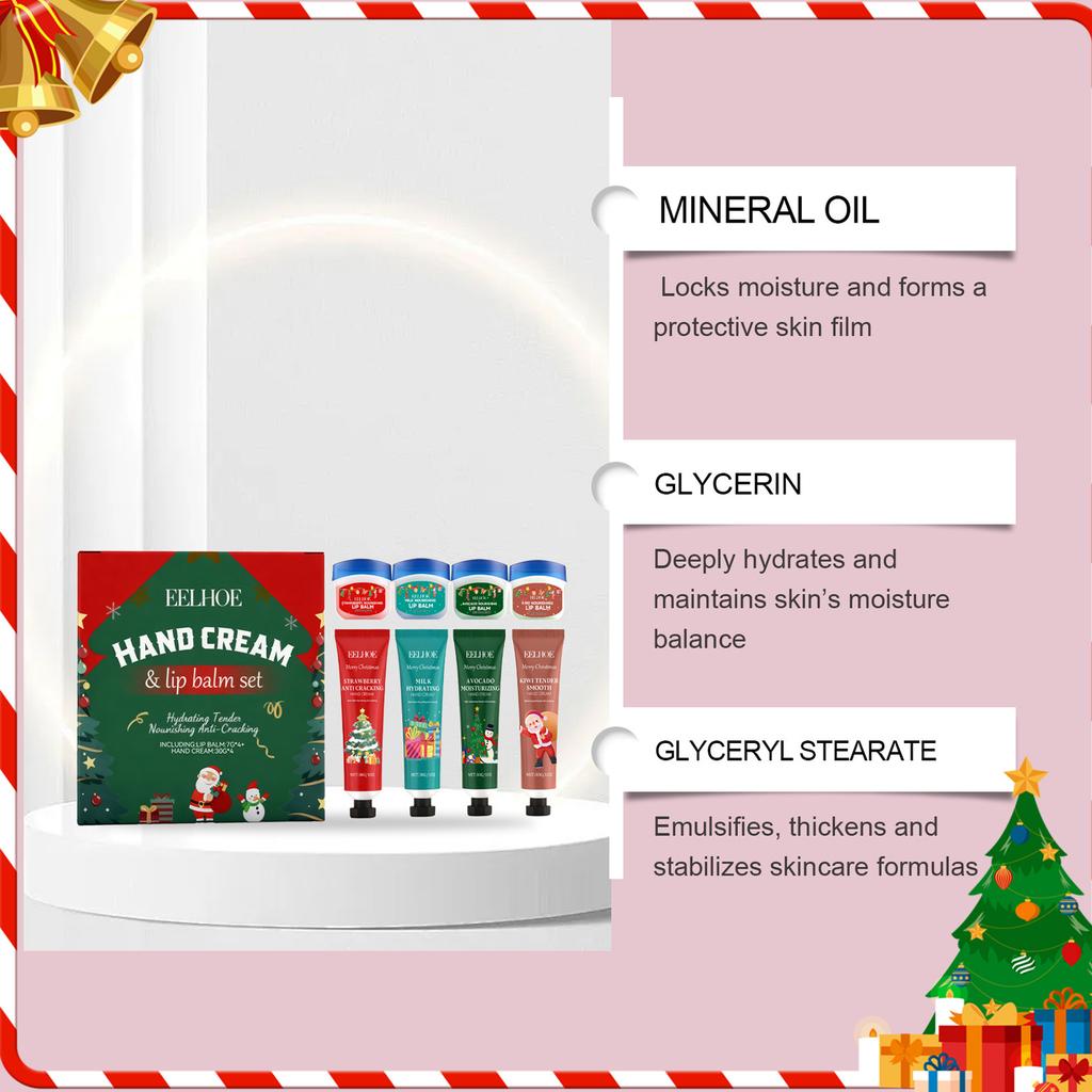 Weihnachts-Handcreme-Lippenbalsam-Set Geschenkbox Pflegend Feuchtigkeitsspendend Gegen Trockenheit Rissig Machend Hautweichmachend Festliches Feiertagsgeschenk Geschenk