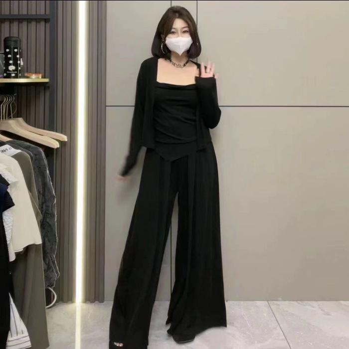 Lazy Casual Suit Women's Spring and Autumn New Irregular Suspenders Cardigan High Waist Floor Pants Show Thin Temperament Three-piece Set