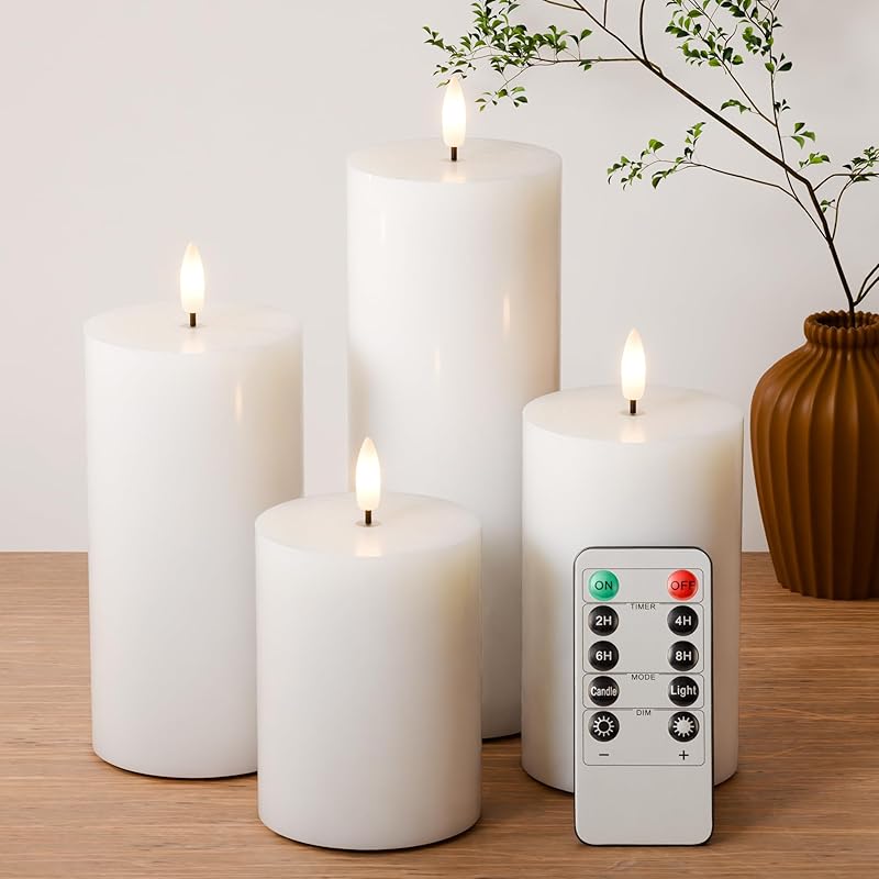 White Flameless Pillar Candles, Battery Operated Wax Candles with Remote, Flat Top Flickering Flameless Candles, LED Candles for Home, Wedding, Party