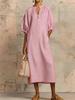 Vestido Feminino Casual Soltinho de Algodão e Linho Cor Sólida com Mangas Bufantes Primavera/Verão Europeu e Americano 2026