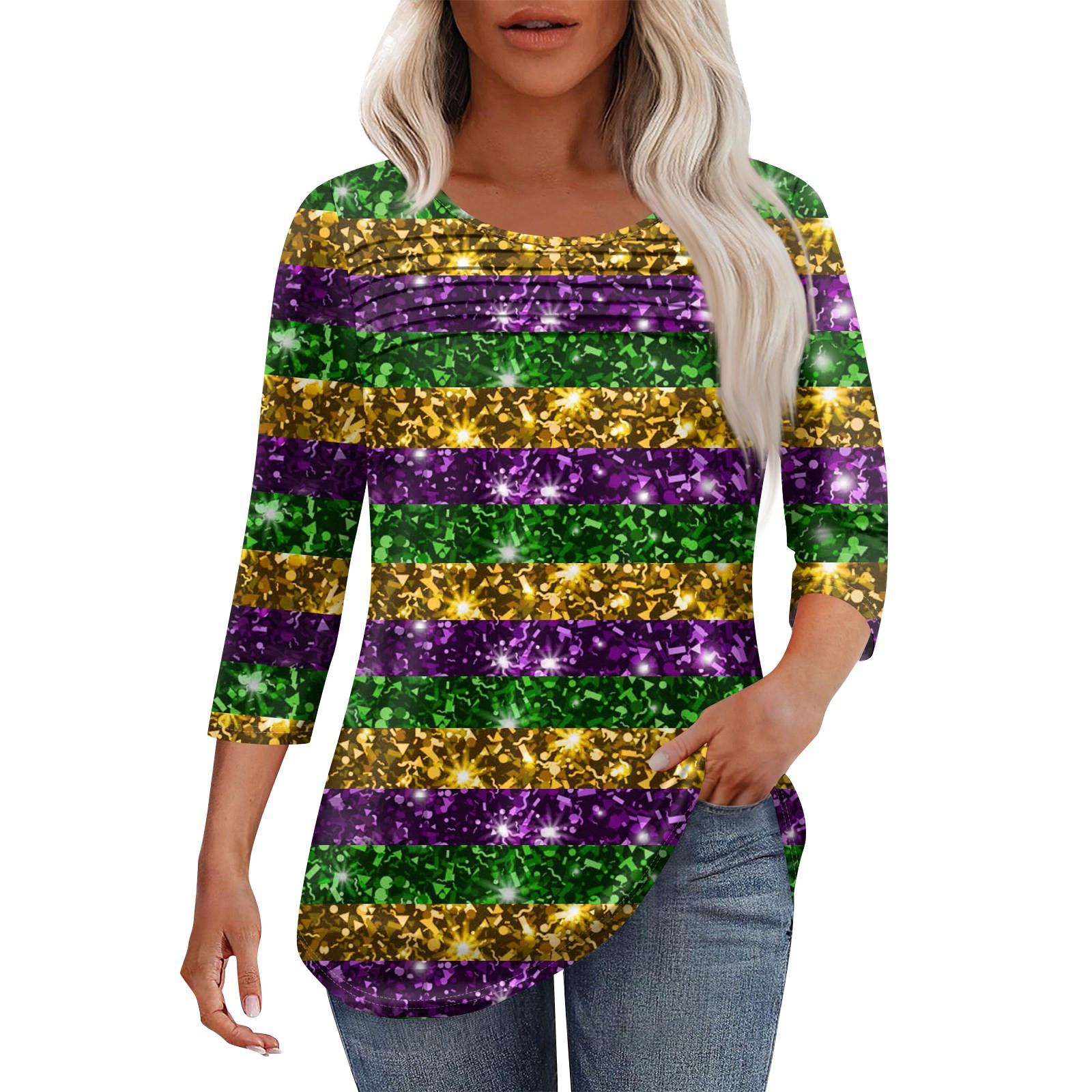 

Женская мода круглый вырез шея плиссированная передняя планка с принтом рукав 3/4 топ L темно-фиолетового