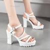 Women's Chunky Heel Platform Sandals Ankle Buckle Non-Slip Thick Sole Summer High Heel Dress Shoes Black/White Size 35-40