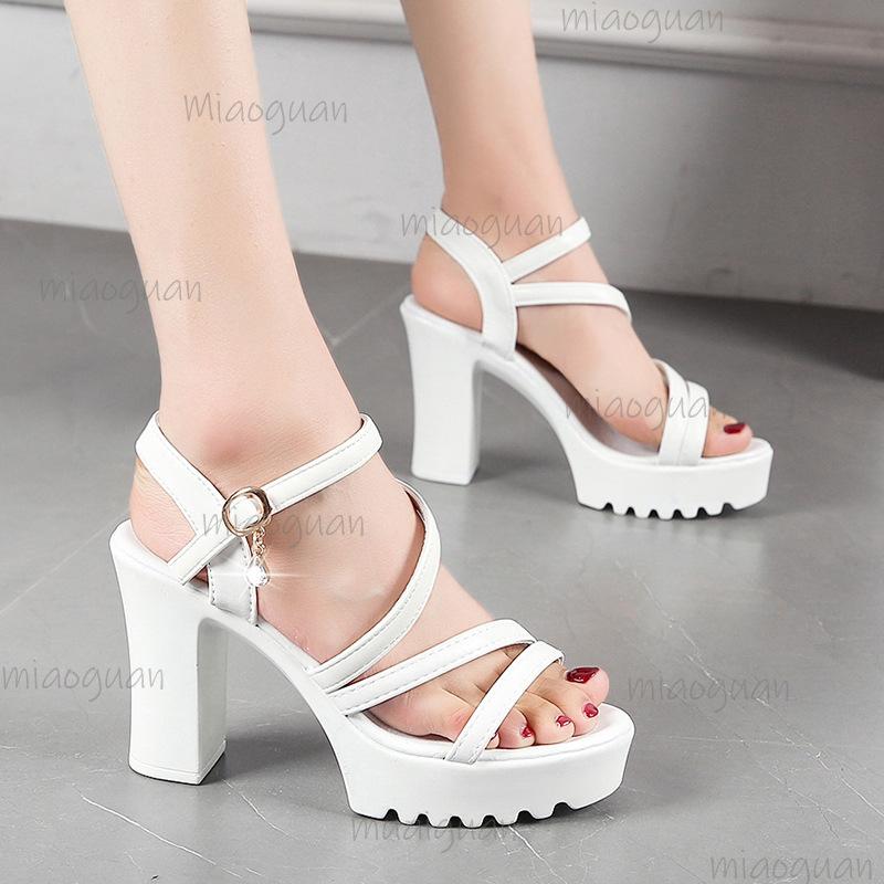 Women's Chunky Heel Platform Sandals Ankle Buckle Non-Slip Thick Sole Summer High Heel Dress Shoes Black/White Size 35-40